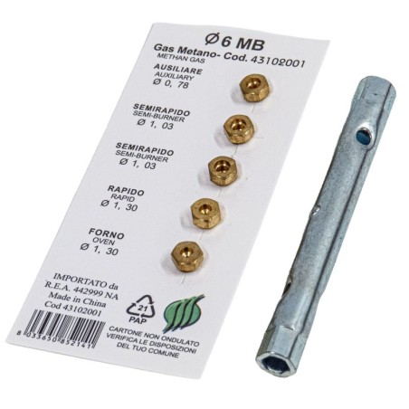 Ugelli per gas Metano passo 6 MB + Chiave a tubo N 6/7 per cucina compatibile con Nardi - Lofra e altri modelli in descrizione